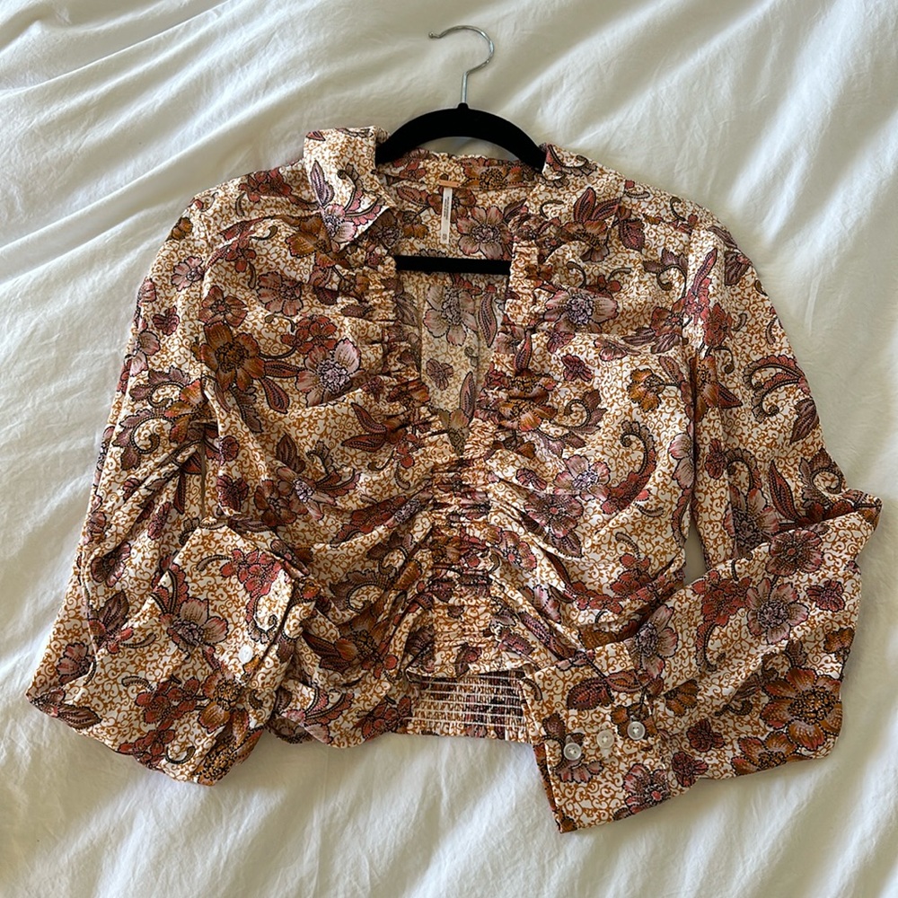 Free People I Got You Orange Retro Floral Print Blouse Size XS